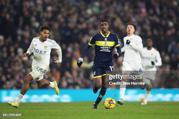 Isaiah Jones of Middlesbrough runs with the ball during the Sky Bet Championship match between Leeds United and Middlesbrough at Elland Road on...