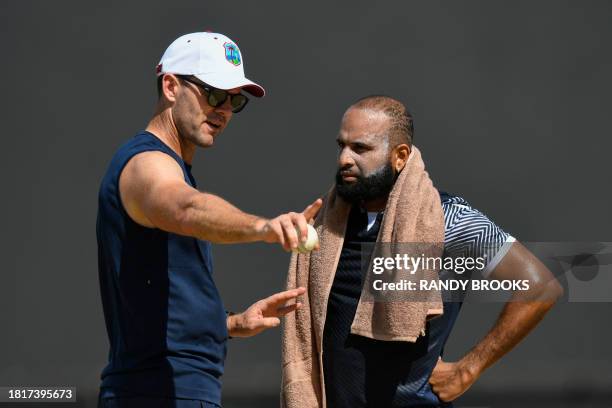 James Franklin and Yannic Cariah of West Indies take part in a training session one day ahead of the 1st ODI between West Indies and England at...