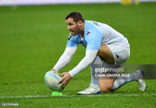 Bayonne's french fly-half Camille Lopez prepares to kick a penalty during the French Top14 rugby union match between Aviron Bayonnais and Montpellier...