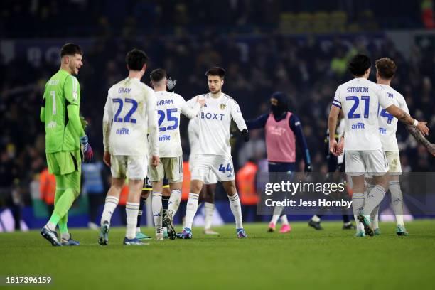 Players of Leeds United celebrate together after the team's victory following the Sky Bet Championship match between Leeds United and Middlesbrough...