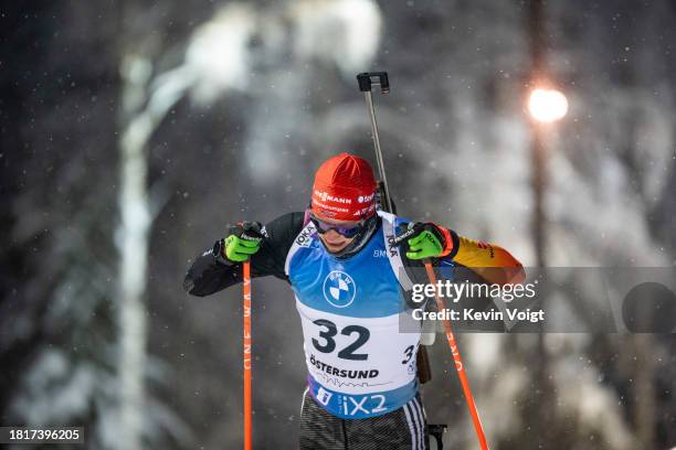 Benedikt Doll of Germany in action competes during the Men 10 km Sprint at the BMW IBU World Cup Biathlon Oestersund on December 2, 2023 in...