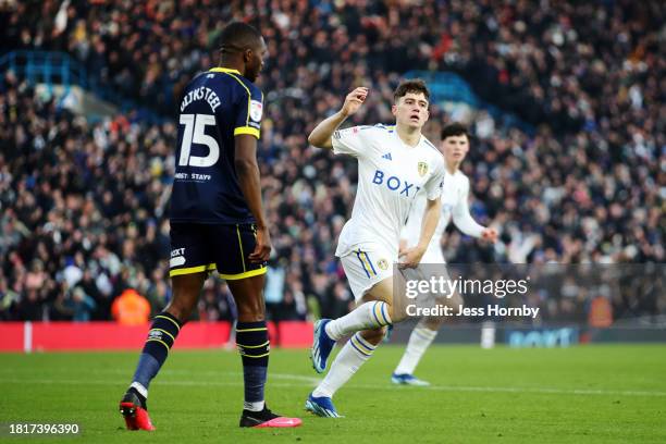 Dan James of Leeds United celebrates after scoring the team's first goal during the Sky Bet Championship match between Leeds United and Middlesbrough...