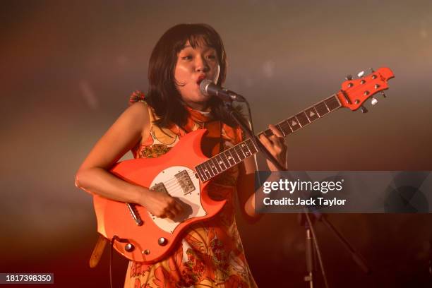 Guitarist Yoyoyoshie of Japanese punk rock band Otoboke Beaver perform at Maho Rasop Festival 2023 on December 2, 2023 in Bangkok, Thailand.