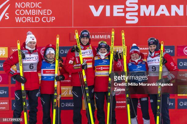 Norway Team of Team Norway celebrates during the FIS Nordic Combined World Cup Men's Gundersen HS98 10km on December 2, 2023 in Lillehammer, Norway.