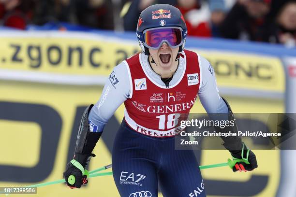 Sofia Goggia of Team Italy reacts during the Audi FIS Alpine Ski World Cup Women's Giant Slalom on December 2, 2023 in Tremblant, Canada.