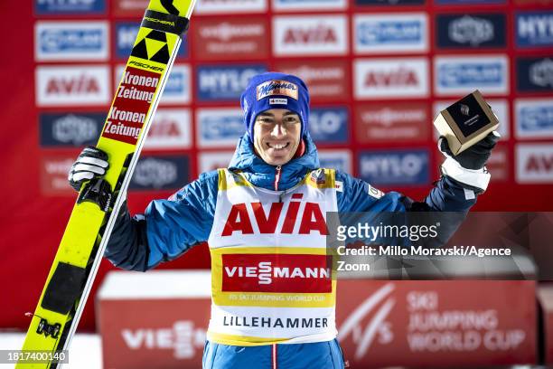 Stefan Kraft of Team Austria in action, takes 1st place during the FIS Ski Jumping World Cup Men's and Women's HS98 on December 2, 2023 in...