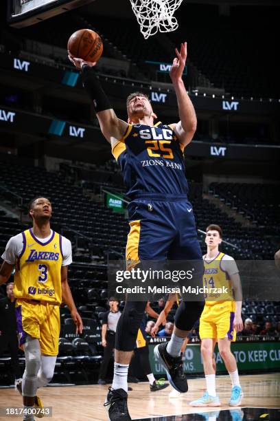 Micah Potter of the Salt Lake City Stars drives to the basket during the game against the South Bay Lakers at the Delta Center on December 02, 2023...