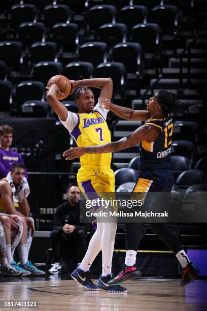 Louis King of the South Bay Lakers looks to pass the ball during the game against the Salt Lake City Stars at the Delta Center on December 02, 2023...