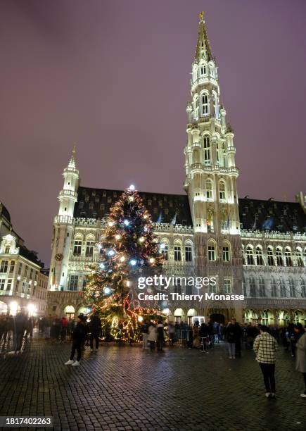 People enjoy the Christmas Tree in the famous UNESCO Grand Place on December 2; 2023 in Brussels, Belgium. The Christmas tree is decorated with...