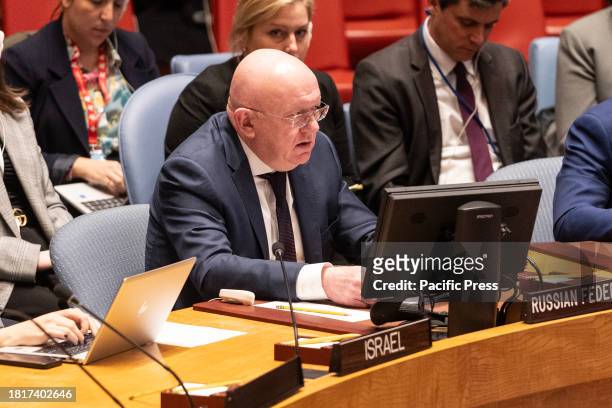 Ambassador Vassily Nebenzia of Russia speaks during the Security Council meeting on The situation in the Middle East, including the Palestinian...
