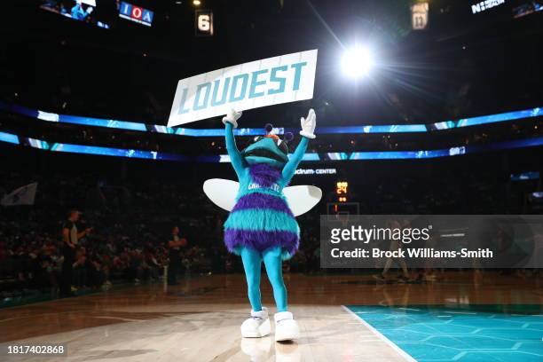 Hugo the Hornet of the Charlotte Hornets gets the fans hype before the game against the Minnesota Timberwolves on December 2, 2023 at Spectrum Center...