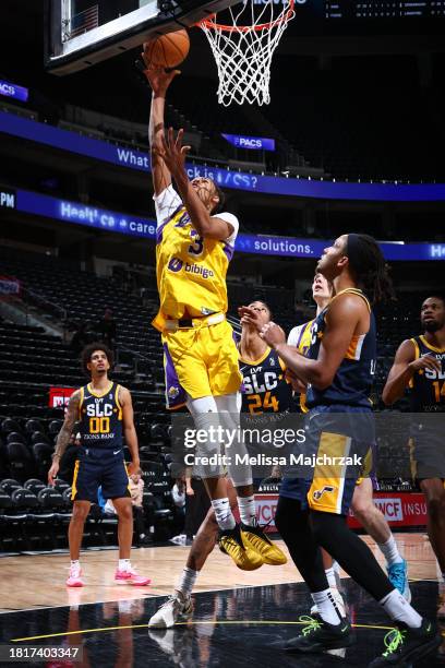 Alex Fudge of the South Bay Lakers drives to the basket during the game against the Salt Lake City Stars at the Delta Center on December 02, 2023 in...