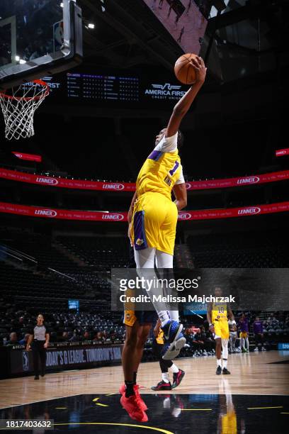 Louis King of the South Bay Lakers drives to the basket during the game against the Salt Lake City Stars at the Delta Center on December 02, 2023 in...