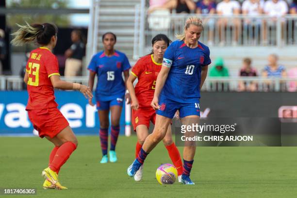 S midfielder Lindsey Horan fights for the ball with China's midfielder Jiali Tang during the women's international friendly football match between...