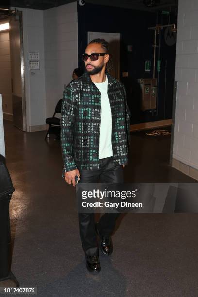 Patty Mills of the Atlanta Hawks arrives to the arena before the game against the Milwaukee Bucks on December 2, 2023 at the Fiserv Forum Center in...