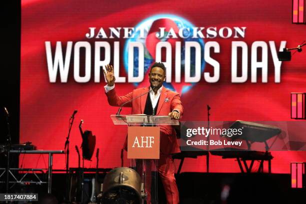 Actor/Activist Blair Underwood gives remarks after receiving a Lifetime Achievement Award from global, non-profit HIV/AIDS organization, AHF, at the...