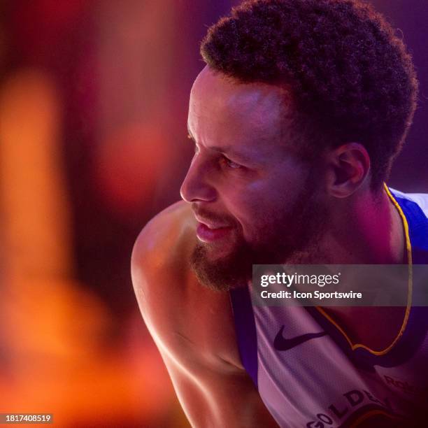 Golden State Warriors guard Stephen Curry during player introductions before an NBA basketball game between the Golden State Warriors and Los Angeles...