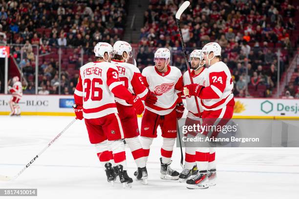Daniel Sprong celebrates after a goal during the first period of the NHL regular season game between the Montreal Canadiens and the Detroit Red Wings...