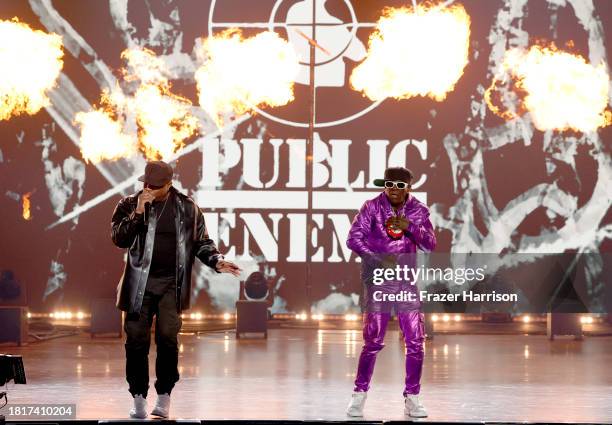 Chuck D and Flavor Flav of Public Enemy perform onstage during A GRAMMY Salute to 50 Years of Hip-Hop at YouTube Theater on November 08, 2023 in...