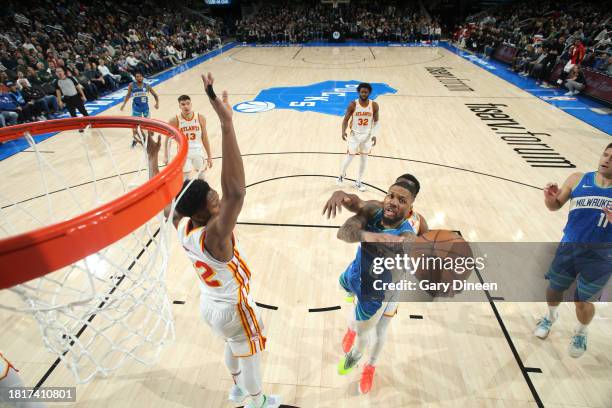 Damian Lillard of the Milwaukee Bucks drives to the basket during the game against the Atlanta Hawks on December 2, 2023 at the Fiserv Forum Center...