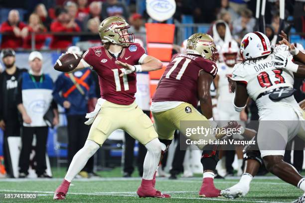 Brock Glenn of the Florida State Seminoles throws the ball against the Louisville Cardinals during the first half during the ACC Championship at Bank...