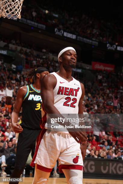 Jimmy Butler of the Miami Heat celebrates during the game against the Indiana Pacers on December 2, 2023 at Kaseya Center in Miami, Florida. NOTE TO...