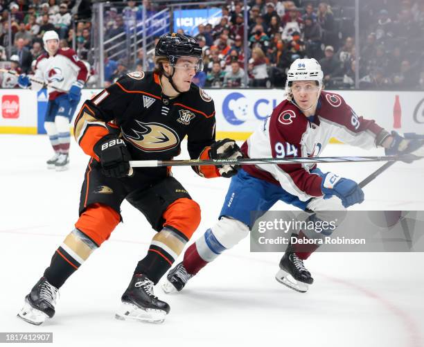 Leo Carlsson of the Anaheim Ducks and Joel Kiviranta of the Colorado Avalanche battle for position during the first period at Honda Center on...