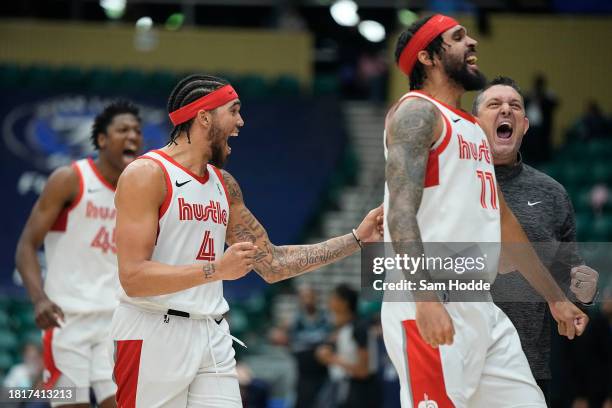 December 02: Timmy Allen of the Memphis Hustle celebrates after defeating the against the Texas Legends on December 2, 2023 at Comerica Center in...