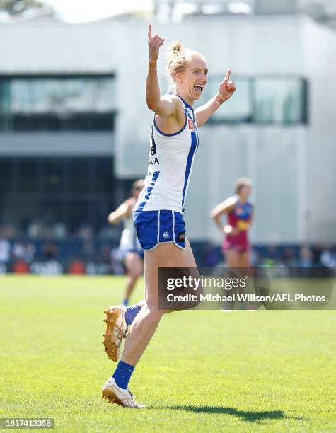 Kate Shierlaw of the Kangaroos celebrates a goal during the 2023 AFLW Grand Final match between The North Melbourne Tasmanian Kangaroos and The...