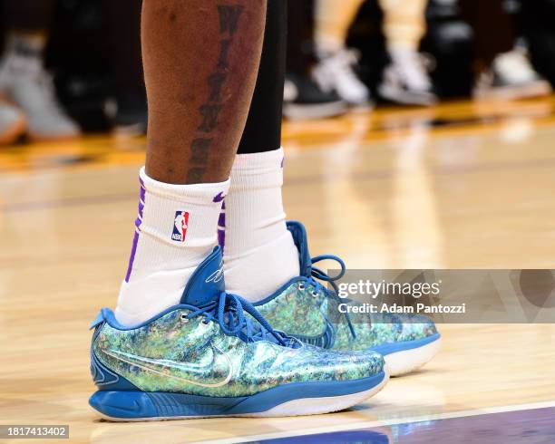 The sneakers worn by LeBron James of the Los Angeles Lakers on December 2, 2023 at Crypto.Com Arena in Los Angeles, California. NOTE TO USER: User...