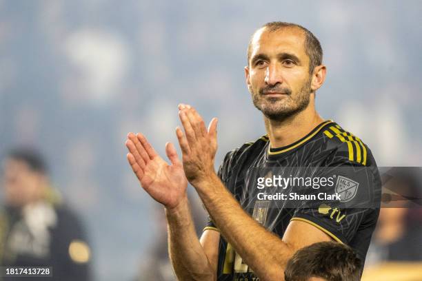 Giorgio Chiellini of Los Angeles FC prior toduring the MLS Western Conference Final match between Los Angeles FC and Houston Dynamo at BMO Stadium on...