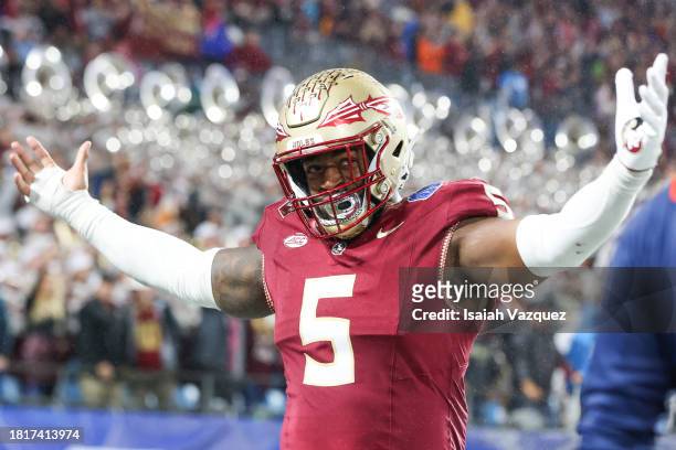 Deuce Spann of the Florida State Seminoles gestures in the final minutes of the fourth quarter against the Louisville Cardinals during the ACC...