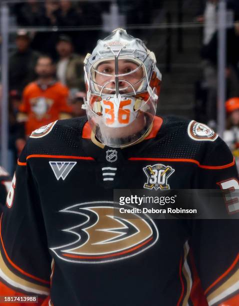 John Gibson of the Anaheim Ducks looks on during overtime against the Colorado Avalanche at Honda Center on December 2, 2023 in Anaheim, California.