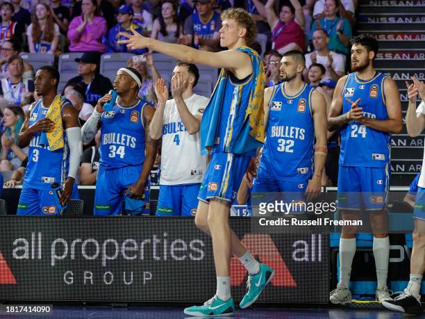 Rocco Zikarsky of the Bullets celebrates during the round nine NBL match between Brisbane Bullets and Illawarra Hawks at Nissan Arena, on December 3...