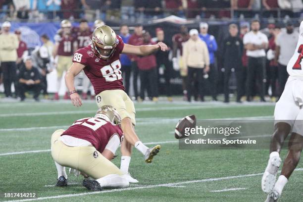 Florida State Seminoles kicker Ryan Fitzgerald kicks the final field goal of the game during the ACC Football Championship Game between the...