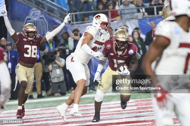 Florida State Seminoles linebacker Tatum Bethune intercepts a pass in the end zone during the ACC Football Championship Game between the Louisville...