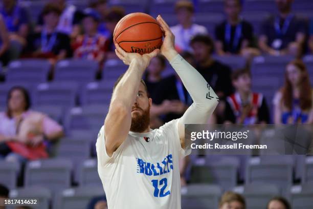 Aron Baynes of the Bullets warms up prior to the round nine NBL match between Brisbane Bullets and Illawarra Hawks at Nissan Arena, on December 3 in...
