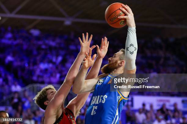 Aron Baynes of the Bullets in action during the round nine NBL match between Brisbane Bullets and Illawarra Hawks at Nissan Arena, on December 3 in...