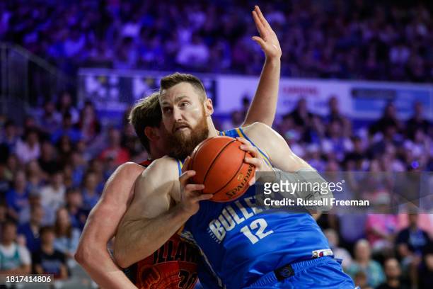 Aron Baynes of the Bullets in action during the round nine NBL match between Brisbane Bullets and Illawarra Hawks at Nissan Arena, on December 3 in...