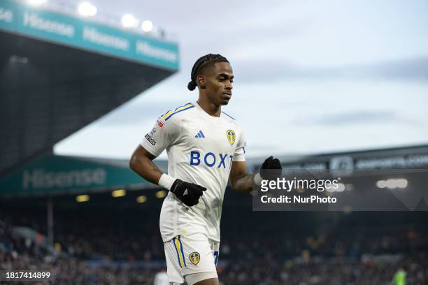 Crysencio Summerville of Leeds United is preparing to take a corner during the Sky Bet Championship match between Leeds United and Middlesbrough at...