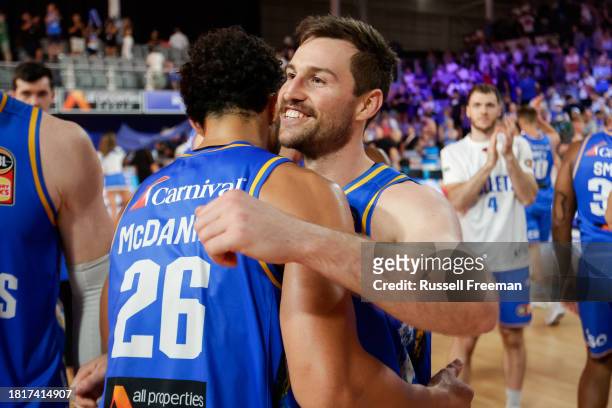 Sam McDaniel and Mitch Norton of the Bullets celebrate after the round nine NBL match between Brisbane Bullets and Illawarra Hawks at Nissan Arena,...
