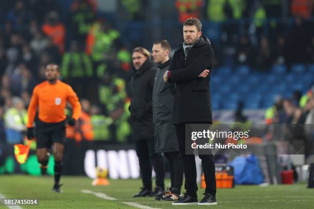 Michael Carrick, Middlesbrough manager, is watching alongside Daniel Farke, Leeds United manager, during the Sky Bet Championship match between Leeds...