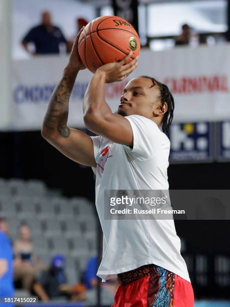 Justin Robinson of the Hawks warms up prior to the round nine NBL match between Brisbane Bullets and Illawarra Hawks at Nissan Arena, on December 3...