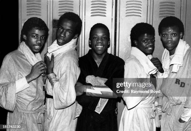 Singers Ralph Tresvant, Bobby Brown, Michael Bivins, Ricky Bell and Ronnie DeVoe of New Edition poses for photos backstage at Screamin' Wheels Roller...