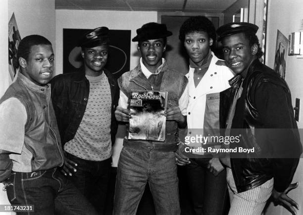 Singing group New Edition, poses for photos at the Hyatt Hotel in Chicago, Illinois in JANUARY 1984.