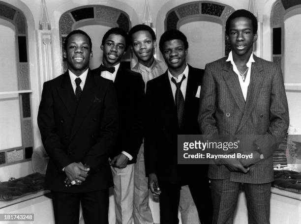 Singers Michael Bivins, Ralph Tresvant, Ronnie DeVoe, Ricky Bell and Bobby Brown of New Edition poses for photos after their appearance on ‘Kidding...