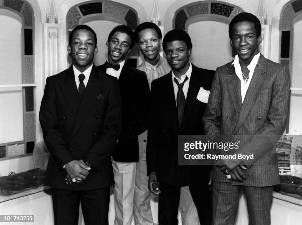 Singers Michael Bivins, Ralph Tresvant, Ronnie DeVoe, Ricky Bell and Bobby Brown of New Edition poses for photos after their appearance on ‘Kidding...
