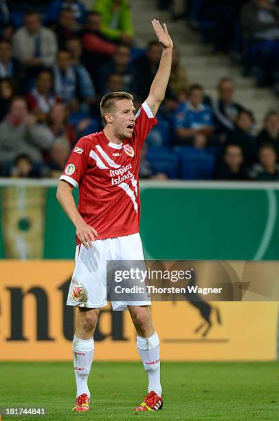 Marco Stiepermann of Cottbus gestures during the DFB Cup second round match between TSG 1899 Hoffenheim and FC Energie Cottbus at Wirsol...