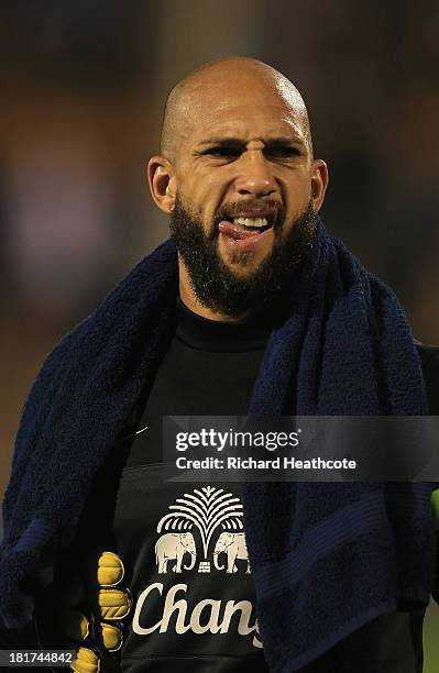 Everton goalkeeper Tim Howard walks out for the warm up during the Captial One Cup Third Round match between Fulham and Everton at Craven Cottage on...