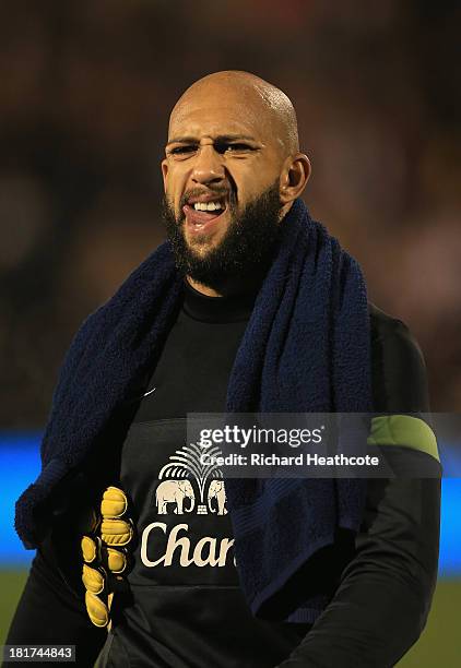 Everton goalkeeper Tim Howard walks out for the warm up during the Captial One Cup Third Round match between Fulham and Everton at Craven Cottage on...